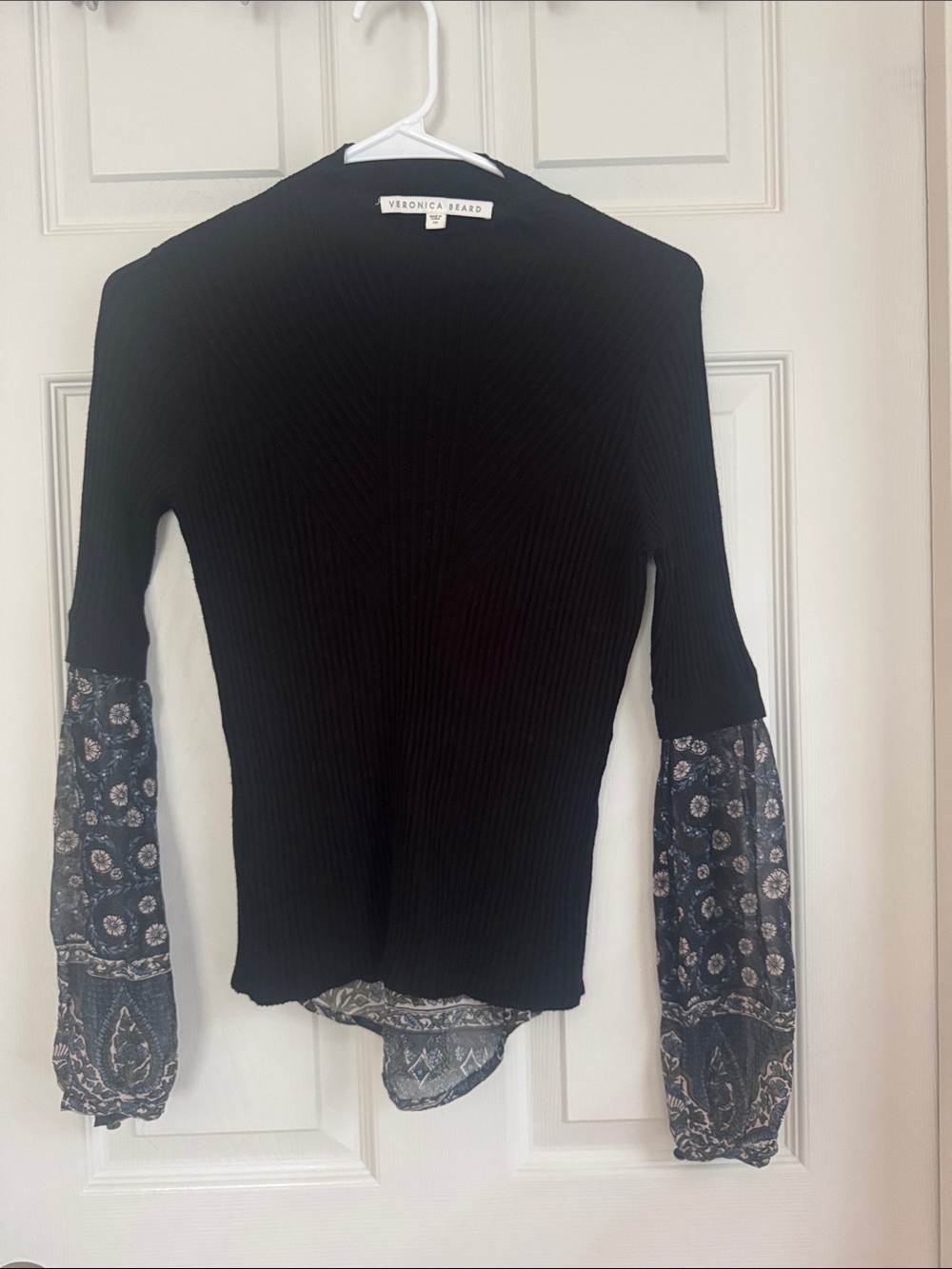 Veronica Beard Black Ribbed Top with Patterned Balloon Sleeves